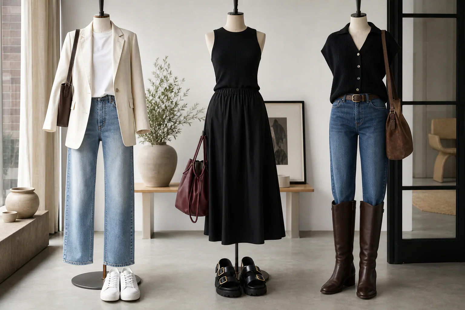Three wearable outfit ideas with sneakers, black separates, denim and riding boots