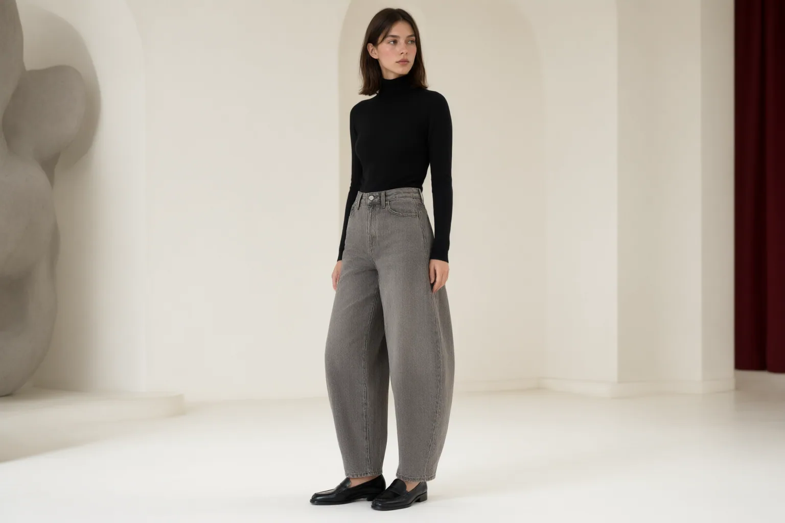 Original editorial hero image for How to Choose Barrel-Leg Jeans for Hip Fit, Leg Volume, Hem Length, and Shoes