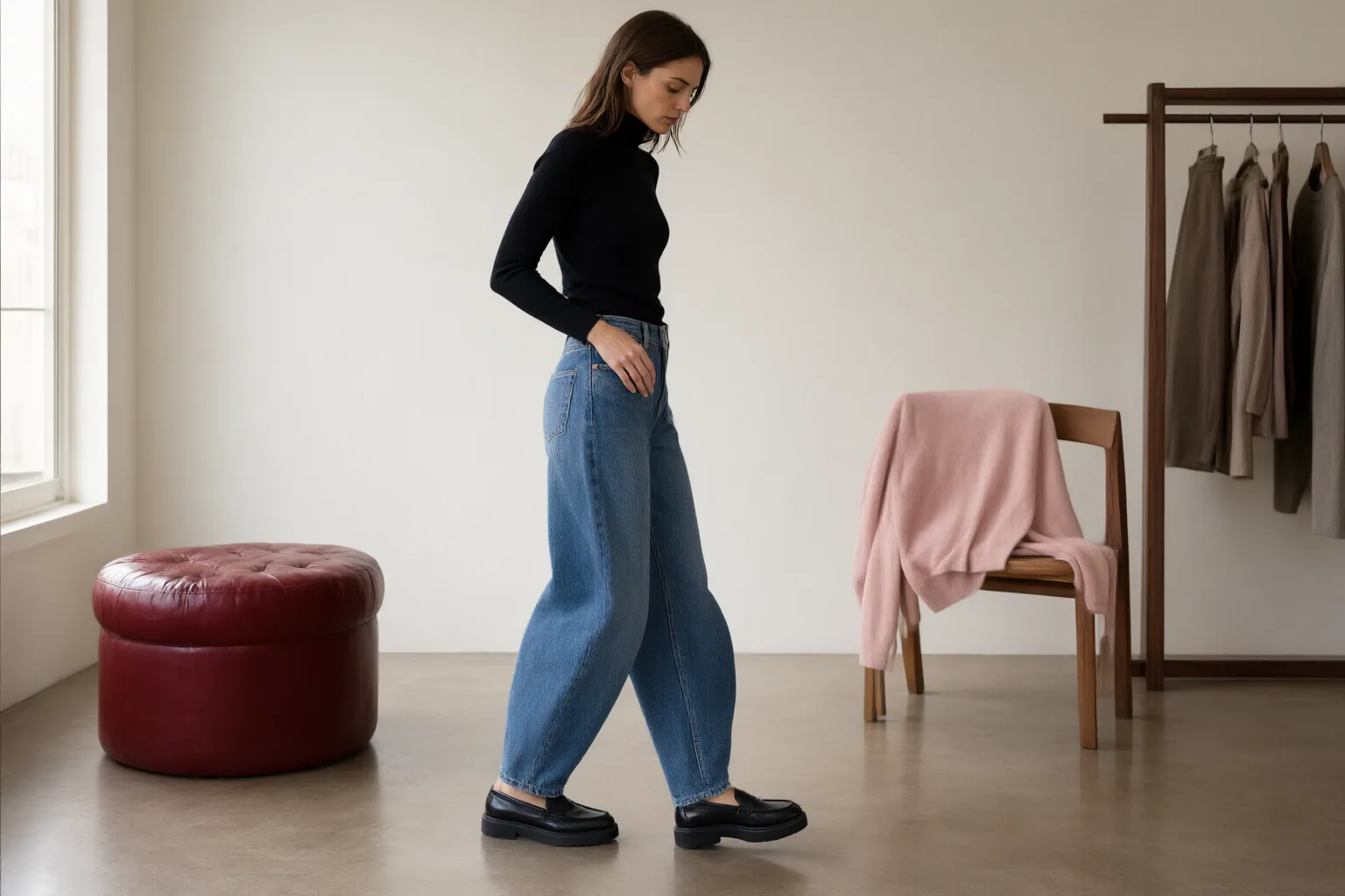 Editorial scene showing practical next steps for How to Choose Barrel-Leg Jeans for Hip Fit, Leg Volume, Hem Length, and Shoes