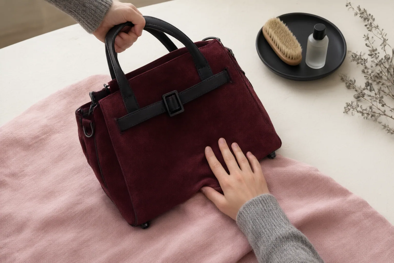Editorial scene showing practical next steps for What to Check When Choosing a Suede Bag: Weight, Color Transfer, Weather, and Care