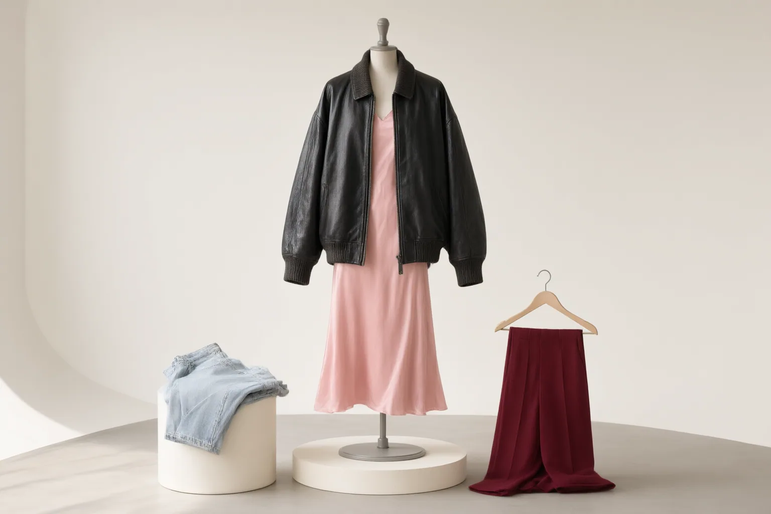 Original editorial hero image for How to Style a Hailey Bieber-Inspired Leather Bomber With Trousers, Jeans, and Midi Dresses