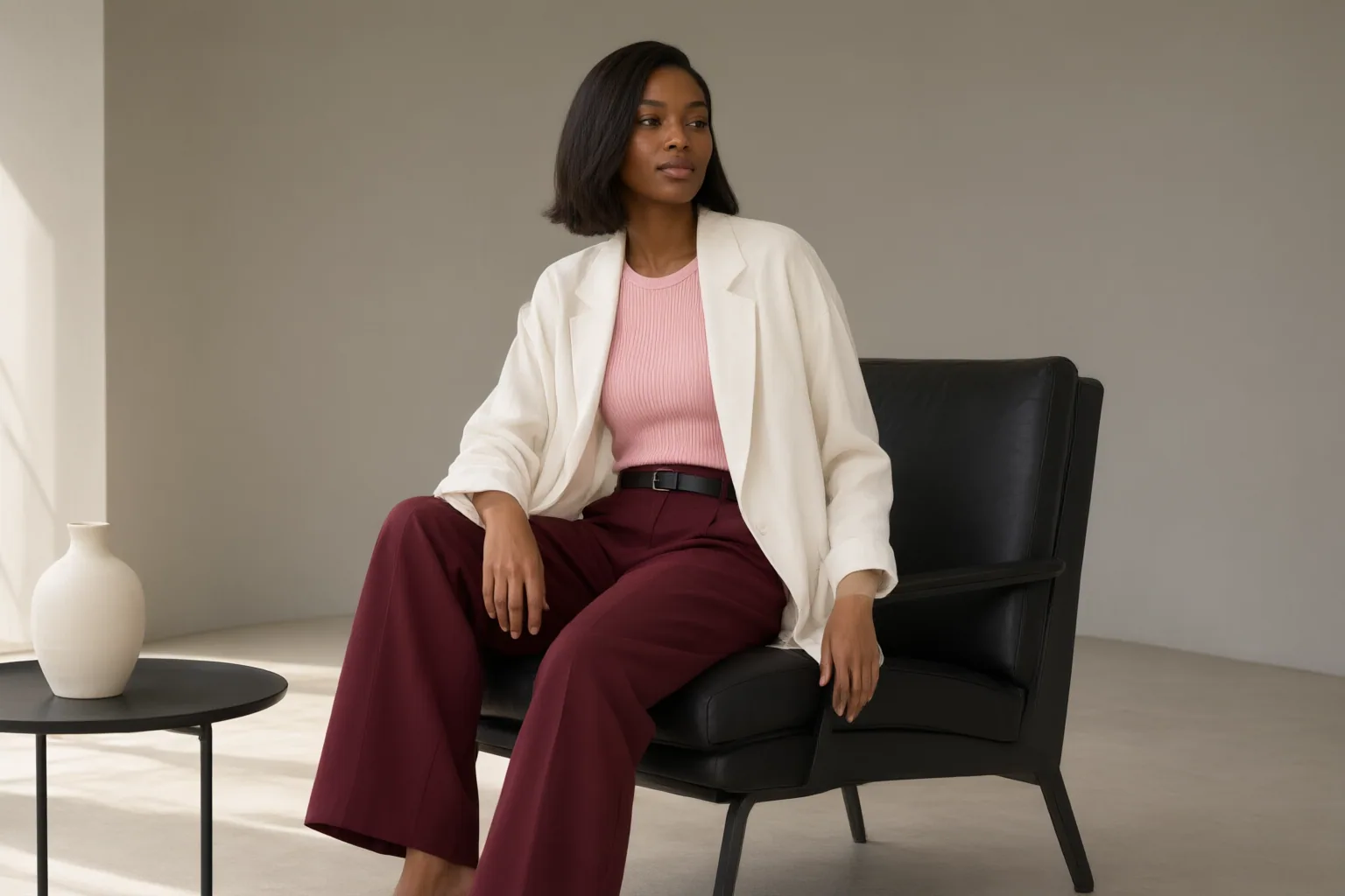 Original editorial hero image for How to Style Ayo Edebiri-Inspired Relaxed Tailoring With Waist Definition and Seated Ease