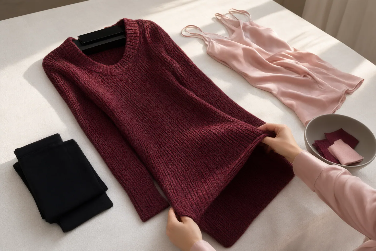 Editorial scene showing practical next steps for Sweater Dress Buying Guide: Check Cling, Stride, Neckline Stability, and Layering